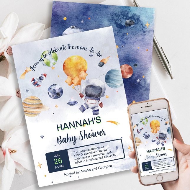 Astronaut Planet Weltraum Babydusche Einladung (Astronaut Planet Outer Space Baby Shower Invitation)