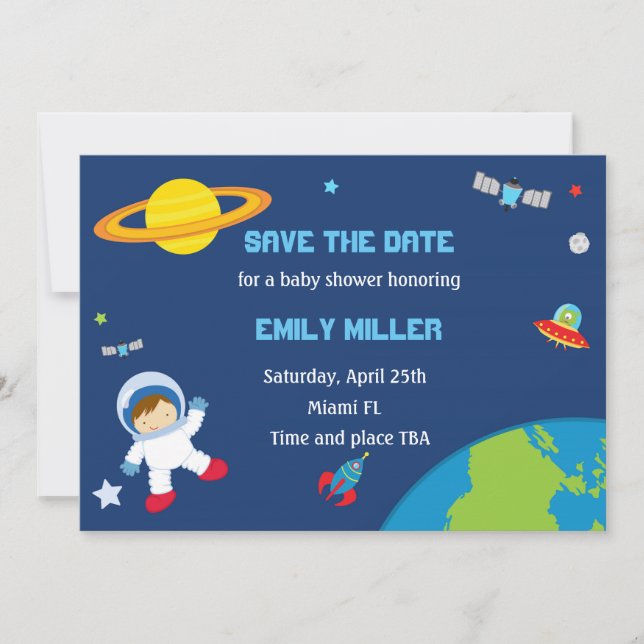 Astronaut Planets Babydusche Save the Date (Vorderseite)
