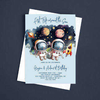 Astronaut Planets Twin Boys 1. Geburtstag Einladung