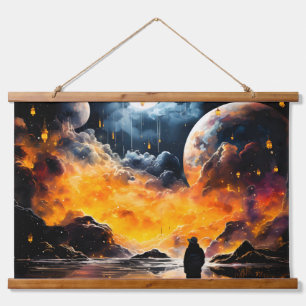 Astronaut Reisender Kosmischer Horizont Reise Wandteppich Mit Holzrahmen