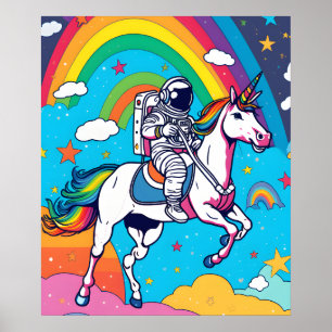 Astronaut reitet auf einem Einhorn auf der Wolke i Poster