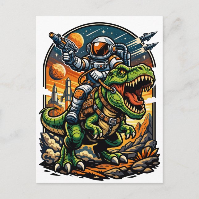 Astronaut Riding a T-Rex – Epic Space Dinosaur Postkarte (Vorderseite)