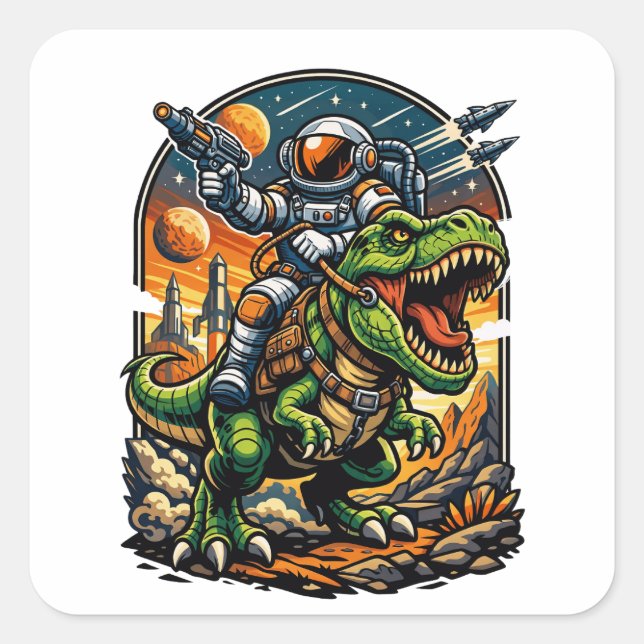 Astronaut Riding a T-Rex – Epic Space Dinosaur Quadratischer Aufkleber (Vorderseite)