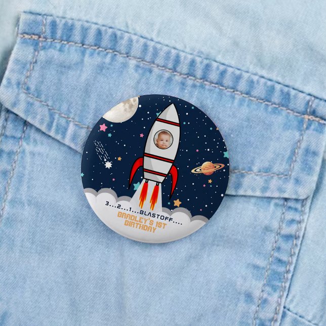 Astronaut Rocket Outer Space 1. Geburtstag Foto Button (Von Creator hochgeladen)