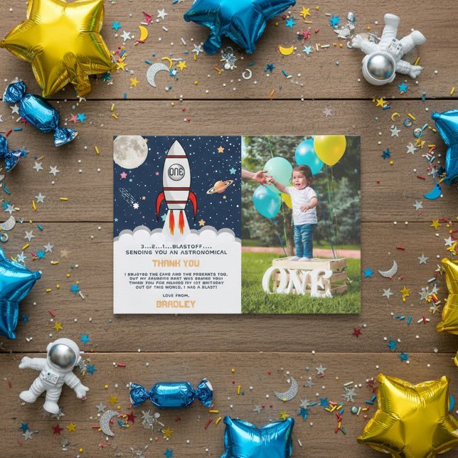Astronaut Rocket Outer Space 1. Geburtstag Foto Dankeskarte (Von Creator hochgeladen)