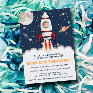 Astronaut Rocket Outer Space 1. Geburtstag Foto Einladung