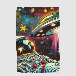 Astronaut schwimmt im Weltraum mit einem UFO Kunst Golfhandtuch