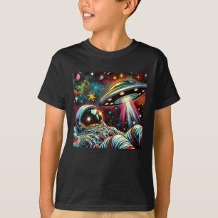Astronaut schwimmt im Weltraum mit einem UFO Kunst T-Shirt
