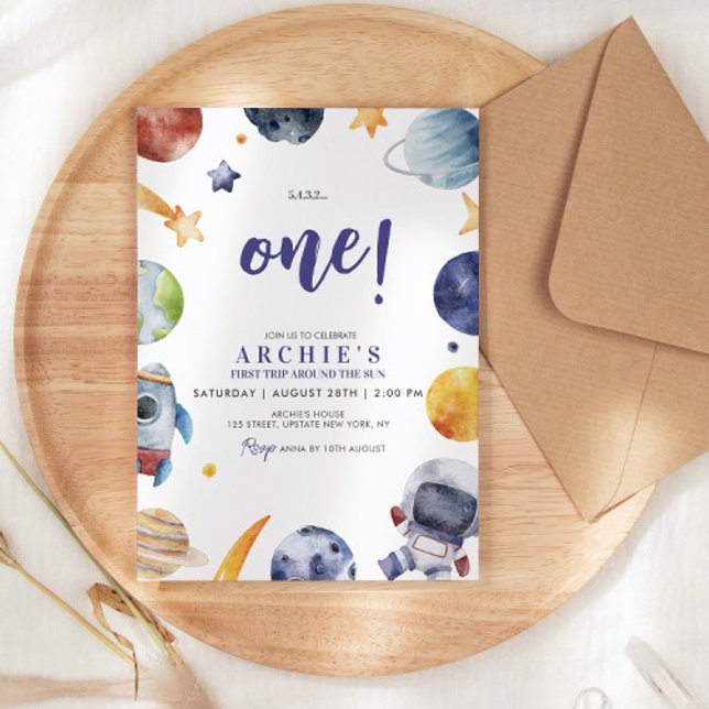 Astronaut Space 1. Reise um die Sonne zum Geburtst Einladung (1st trip around the sun themed watercolor illustration birthday invitation party invite template )