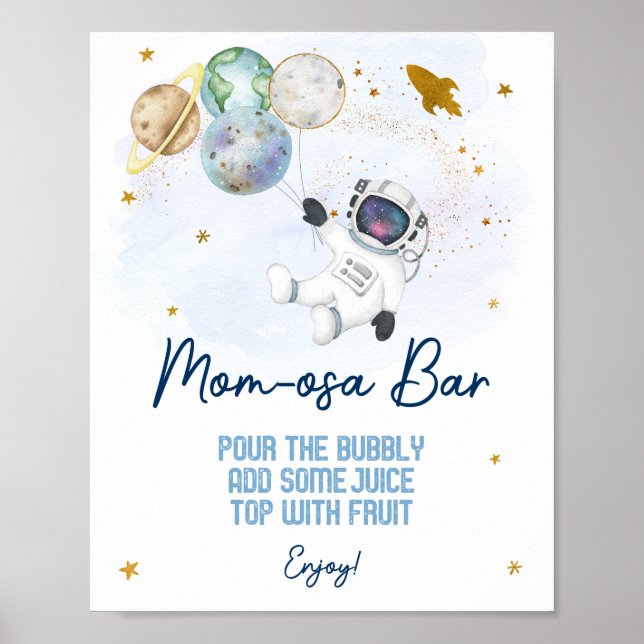 Astronaut Space Blue Gold Baby Dusche Mama osa Bar Poster (Vorne)