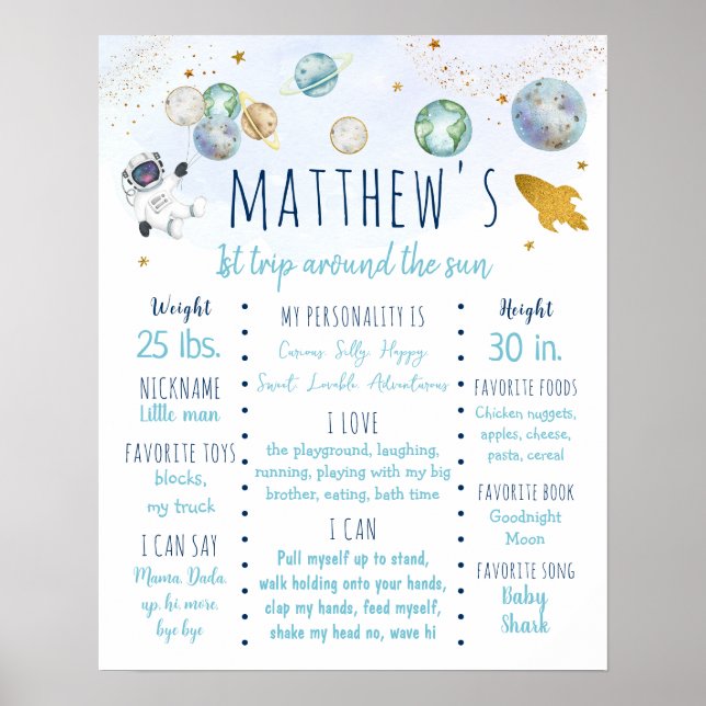 Astronaut Space Blue Gold erster Geburtstag Meilen Poster (Vorne)