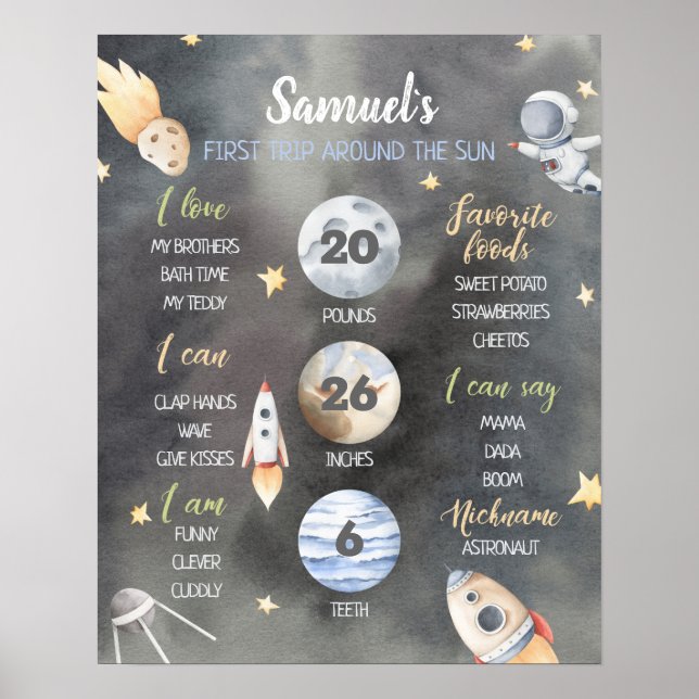 Astronaut Space Milestone First Birthday Board Poster (Vorne)