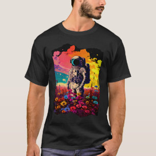 Astronaut steht in bunter Blumenwiese Kunstwerk T-Shirt