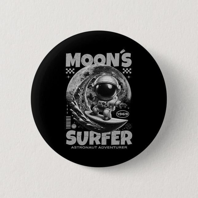 Astronaut Surfer Design, Mondsurfen Weltraum Kosmi Button (Vorderseite)