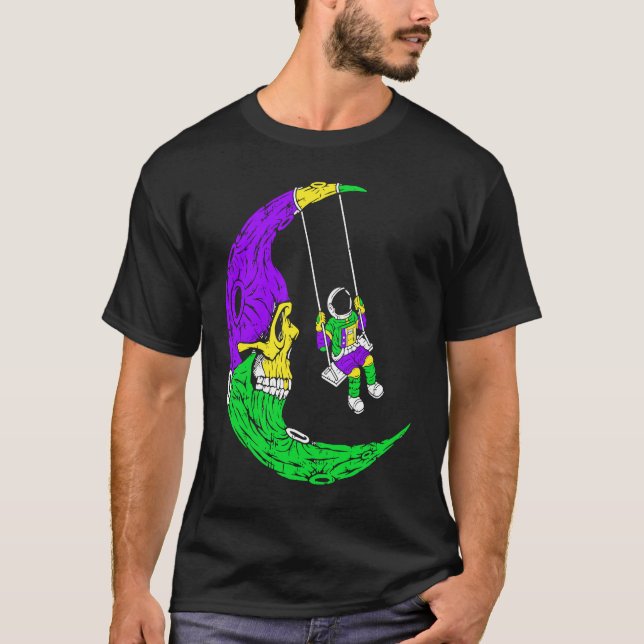 Astronaut Swinging On Moon Skull Mardi Gras Carniv T-Shirt (Vorderseite)