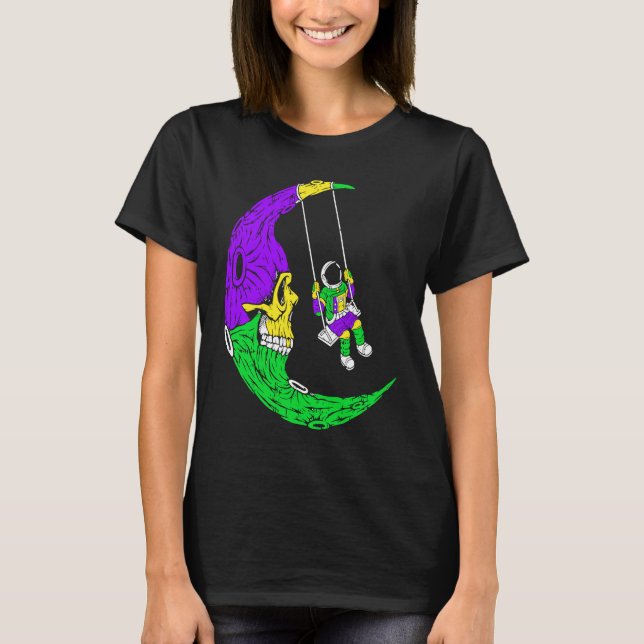 Astronaut Swinging On Moon Skull Mardi Gras Carniv T-Shirt (Vorderseite)