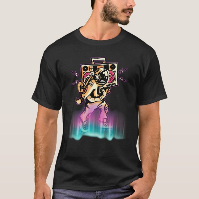 Astronaut tanzt Retro mit Music Player T-Shirt (Vorderseite)