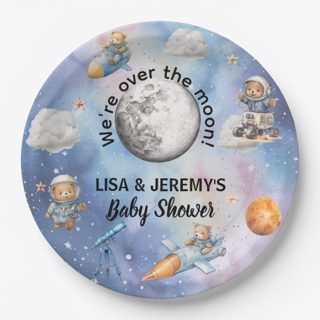 Astronaut Teddy Bears in Space Baby Shower Pappteller (Vorderseite)