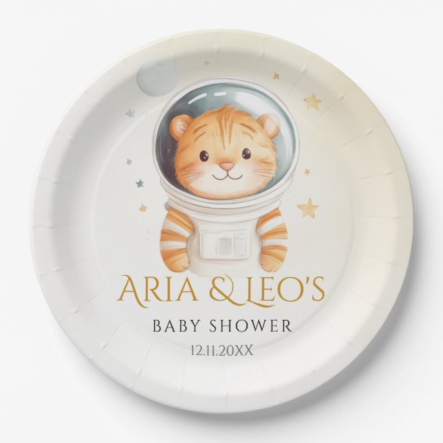 Astronaut Tiger Baby Dusche Party Teller (Vorderseite)