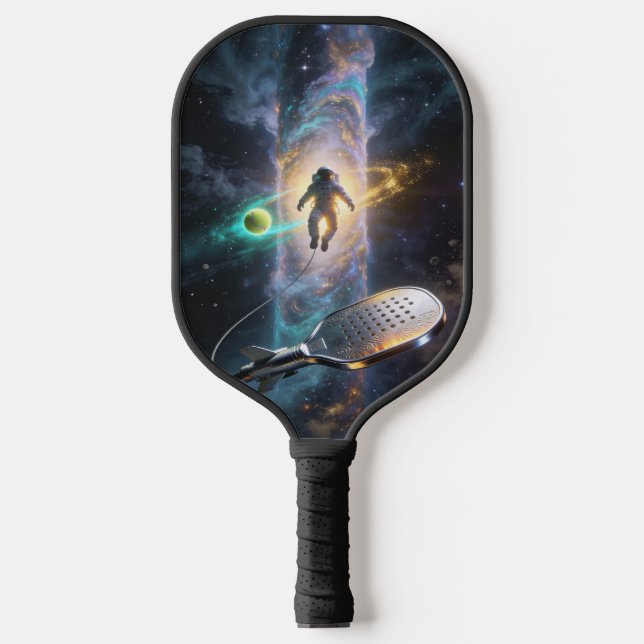 Astronaut treibend unter der kosmischen Pickleball Schläger (Vorderseite)
