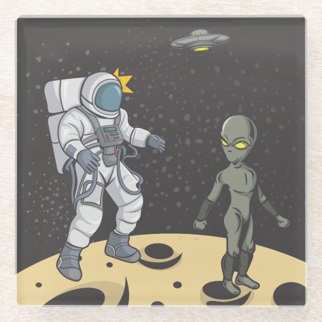 Astronaut und Alien Glasuntersetzer (Vorderseite)