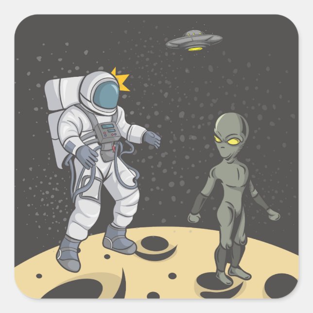 Astronaut und Alien Quadratischer Aufkleber (Vorderseite)
