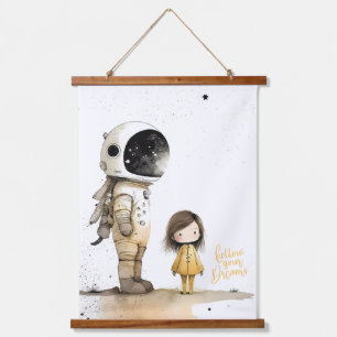 Astronaut und Mädchen Wandteppich Mit Holzrahmen