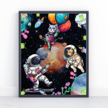 Astronaut und Niedliches Cat Out Space Poster