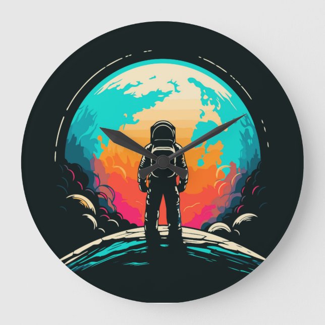 Astronaut und Planet Große Wanduhr (Vorderseite)