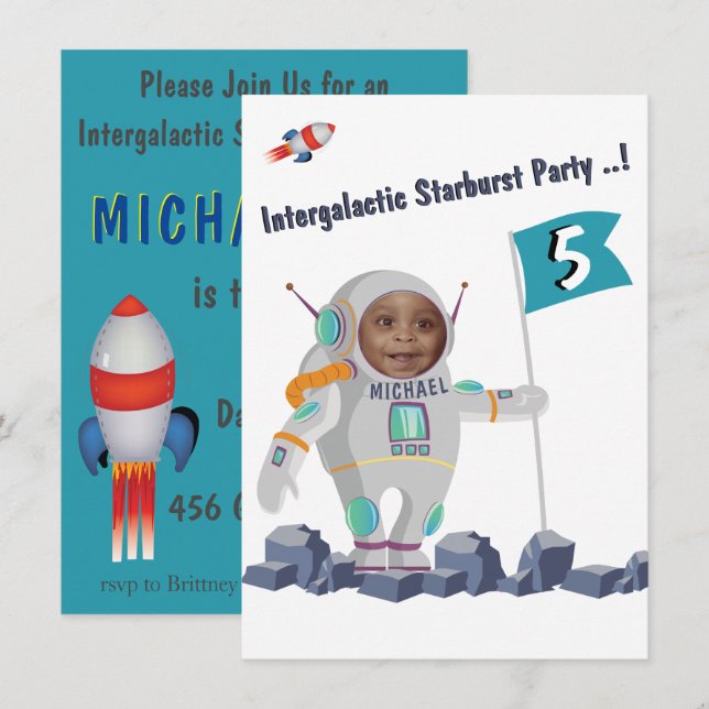 Astronaut-Vorlagenraumrakete Geburtstag Einladung (Vorne/Hinten)