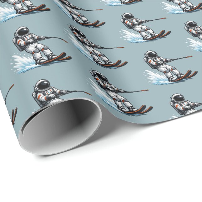 Astronaut Wasserskilauf Geschenkpapier (Rolleneckpunkt)