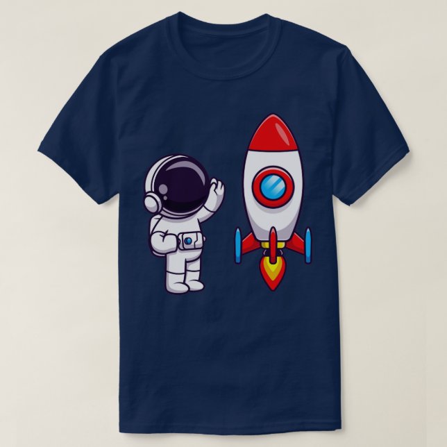 Astronaut Wave Hand to Rocket Cartoon T-Shirt (Design vorne)