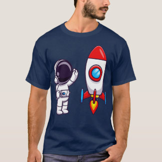 Astronaut Wave Hand to Rocket Cartoon T-Shirt