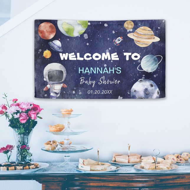 Astronaut Weltraumjunge Babydusche Willkommen Banner (Astronaut Outer Space Boy Baby Shower Welcome Banner)