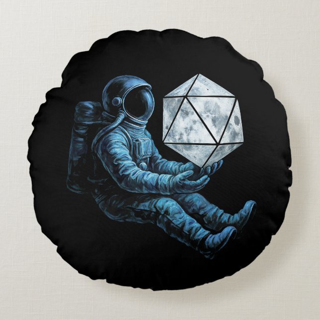 Astronaut with Moon Dice Rundes Kissen (Vorderseite)