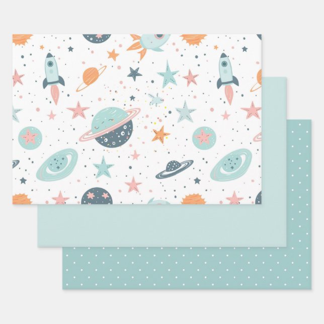 Astronaut Wrapping Paper Flat Sheet Set of 3 Geschenkpapier Set (Set)