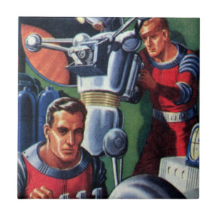 Astronauten der Vintagen Science Fiction, die eine Fliese