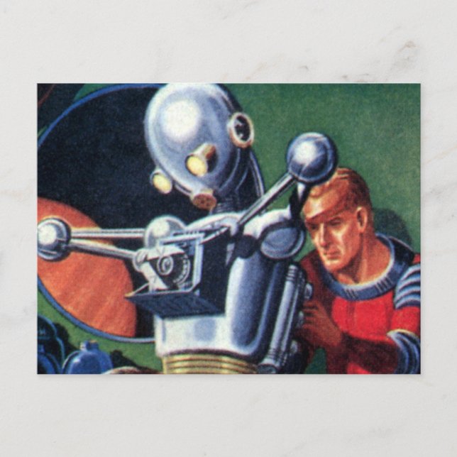 Astronauten der Vintagen Science Fiction, die eine Postkarte (Vorderseite)