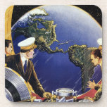 Astronauten der Vintagen Science Fiction um die Er Untersetzer<br><div class="desc">Vintage Abbildung futuristisches Reise- und Transportbild mit Piloten,  die ein Flugzeug,  eine Rakete oder ein Raumschiff im Weltraum über dem Planeten Erde fliegen. Die Astronauten reisen über Nordamerika. Ein klassischer 50er Retro-Comic Buch sci fi Design der Zukunft.</div>