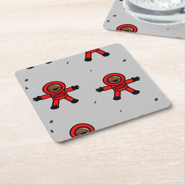 Astronauten des roten Anzugs auf grau Rechteckiger Pappuntersetzer (angewinkelt)