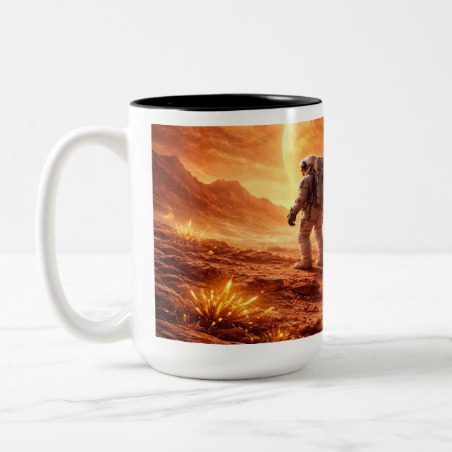 Astronauten erkunden orangenen Planeten Zweifarbige Tasse (Links)