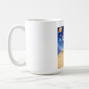 Astronauten-Kind bereit, das Schulnotizbuch zu erk Kaffeetasse