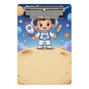 Astronauten-Kind bereit, das Schulnotizbuch zu erk Mini Klemmbrett