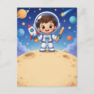 Astronauten-Kind bereit, das Schulnotizbuch zu erk Postkarte