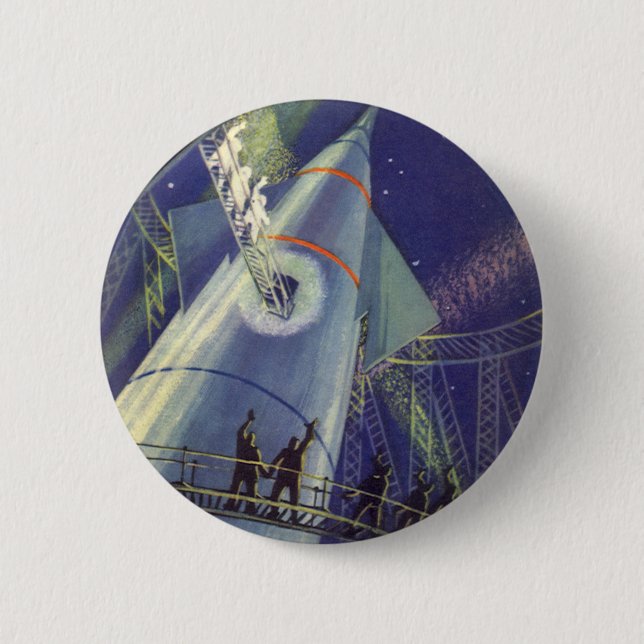 Astronauten mit Vintager Science Fiction auf Raket Button (Vorderseite)