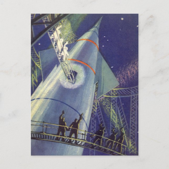 Astronauten mit Vintager Science Fiction auf Raket Postkarte (Vorderseite)
