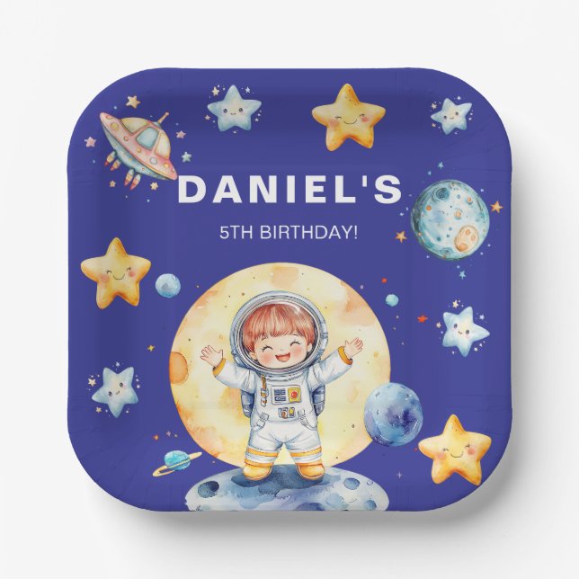 Astronauten Raumfahrt-Themed Custom Birthday Party Pappteller (Vorderseite)