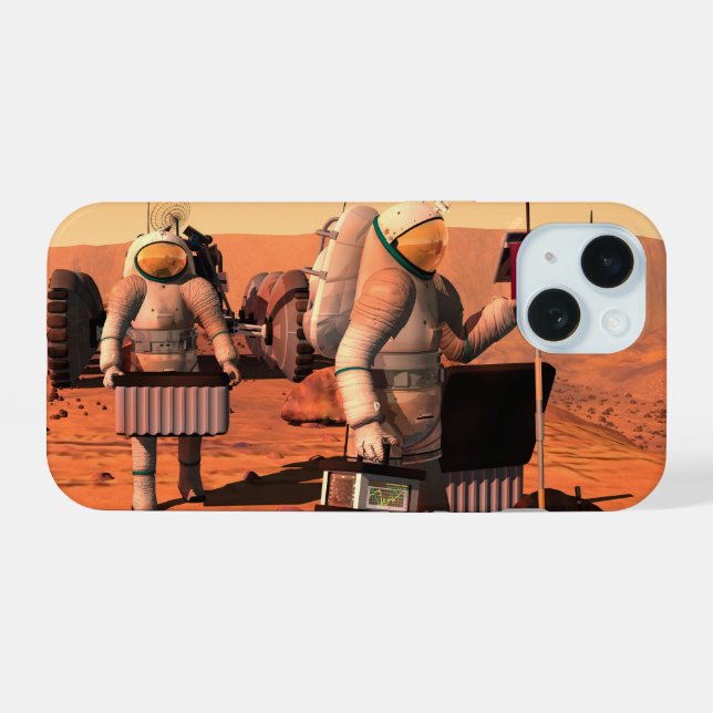 Astronauten richten Wetterausrüstung auf Mars ein. iPhone 15 Hülle (Rückseite (Horizontal))