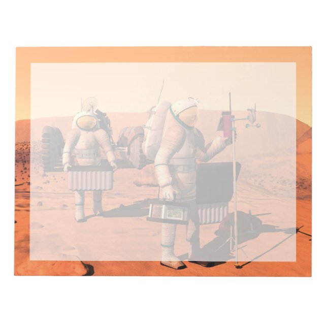 Astronauten richten Wetterausrüstung auf Mars ein. Notizblock (Vorderseite)