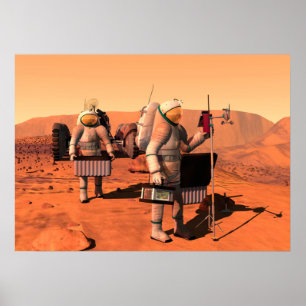 Astronauten richten Wetterausrüstung auf Mars ein. Poster
